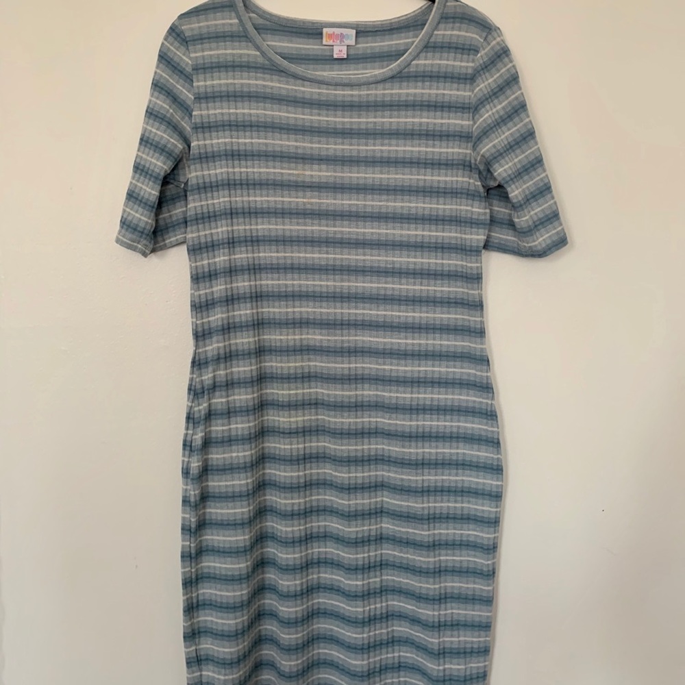 Blue and white striped body-con dress